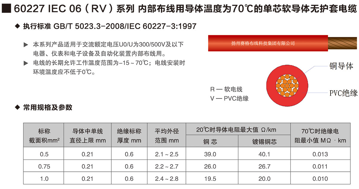 02-60227IEC06(RV)系列內部布線(xiàn)用導體溫度為70℃的單芯軟導體無(wú)護套電纜-詳情
